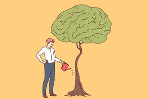 Businessman develops own intelligence by watering trees with brain shaped leaves vector