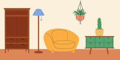 Living room interior with armchair and macrame plant. Vector illustration.