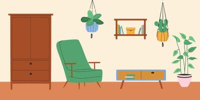 Living room with armchair and macrame plant. Vector illustration.