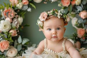 AI generated Beautiful cheeky human child with blue eyes and blond hair and a floral wreath among flowers with a round floral frame in the background photo