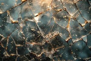 AI generated Transparent long ago broken glass over a blue textured surface abstract background photo