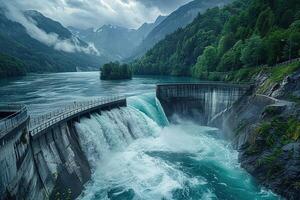 AI generated Beautiful view of river in mountain valley with concrete dam near green forest under cloudy sky photo