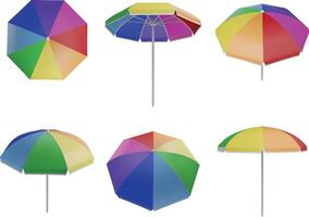 set of isolated beach umbrellas in different views. colorful beach umbrellas 3d realistic illustration vector