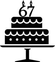 A black-and-white image of a cake with the number 67 on it. vector