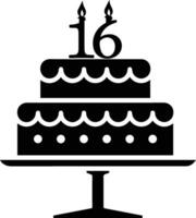 A black-and-white image of a cake with the number 16 on it. vector