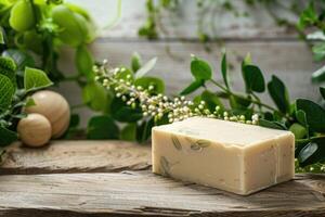 ai generado hecho a mano jabón en de madera mesa en contra antecedentes de verde hojas y flores con Copiar espacio. natural spa bandera con vacío sitio para texto. orgánico productos cosméticos foto