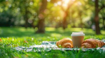 AI generated Croissant with coffee on the grass in the park for spring or summer picnic on blurred street background. Outdoor recreation in the fresh air with food and snack. Relaxation and walking photo