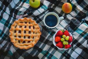 ai generado parte superior ver de fresa tarta con bayas y frutas en a cuadros Manteles para verano picnic. Hora de verano al aire libre recreación con horneando, flores y dulce primavera Dom rayos foto