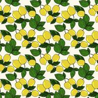 Tropical seamless background with yellow lemons. Hand drawn fruity limonnia repeating background in doodle style.Design for printing on fabrics, holiday and confectionery packaging, wallpaper,wrapping vector