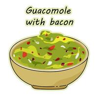 Bowl of guacamole with bacon. Bacon guacamole sticker, hand drawn, vector illustration in doodle style.