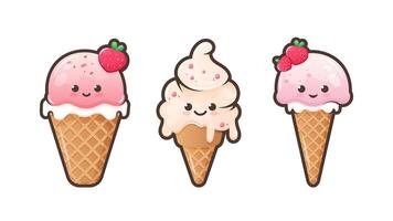 Cute cartoon icecream with funny face. Kawaii ice cream in waffle cone. Sweet food emoji set. Summer dessert vector illustration