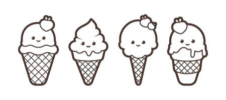 Kawaii ice cream dessert in a waffle cup, black outline, vector illustration in cartoon style. Vector illustration