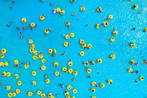 Top view of People relaxing in the pool on yellow inflatable circles photo