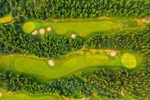 Top view of the golf course located in a wooded area photo