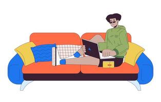 Hispanic man with laptop sitting on sofa 2D linear cartoon character. Freelancer working from home workplace isolated line vector person white background. Cozy workplace color flat spot illustration