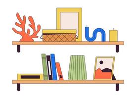 Shelves with cute domestic accessories 2D linear cartoon objects set. Interior decor on racks isolated line vector elements white background. Home design color flat spot illustration collection