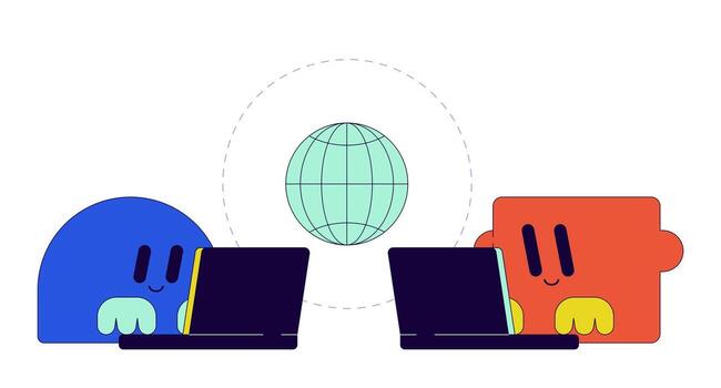 International data transfer 2D linear illustration concept. Geometric personages typing laptops cartoon characters isolated on white. Information exchange metaphor abstract flat vector outline graphic