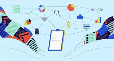 Database management 2D linear illustration concept. Corporate planning cartoon scene on blue background. Statistics graph charts. Forecasting business analytics metaphor abstract flat vector graphic