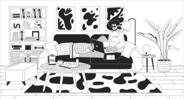 Work everywhere black and white line illustration. Cozy workspace. Hispanic man with laptop lying on sofa 2D character monochrome background. Home office benefits outline scene vector image