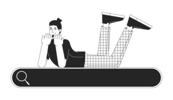 Positive man lying on search bar black and white 2D line cartoon character. Caucasian male computer user isolated vector outline person. Browsing information monochromatic flat spot illustration