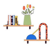 Books and decorative accessories on shelves 2D linear cartoon objects set. Racks in home decor isolated line vector elements white background. Creating coziness color flat spot illustration collection