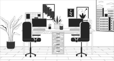 Double desk at home office black and white line illustration. Workplace for two computer users 2D interior monochrome background. Well equipped freelancer workspace outline scene vector image