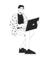 Korean young man typing laptop black and white 2D line cartoon character. Asian guy sitting with notebook isolated vector outline person. Studying, work from home monochromatic flat spot illustration