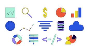 Analytics database management 2D linear cartoon objects set. Planning, chart graph, cloud storage isolated line vector elements white background. Data analysis color flat spot illustration collection