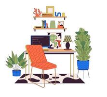 Comfortable Home Office Interior Line Cartoon Flat Illustration vector