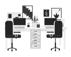 Double workplace with computers 2D linear cartoon objects. Comfortable office furniture in house isolated vector outline items. Workspace arrangement monochromatic flat spot illustration