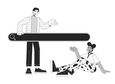 amigos utilizando buscar campo negro y blanco 2d línea dibujos animados caracteres. multirracial los usuarios hojeada información aislado vector contorno gente. datos en Internet monocromo plano Mancha ilustración