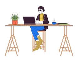 Asian female working on laptop at counter table 2D linear cartoon character. Woman using computer isolated line vector person white background. Workplace conveniences color flat spot illustration