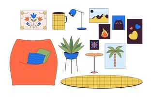 Domestic comfort improvement 2D linear cartoon objects set. Furniture and accessories isolated line vector elements white background. Home interior style color flat spot illustration collection