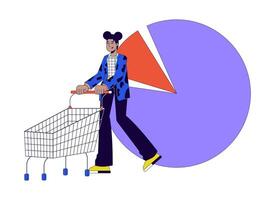 Ecommerce customer analytics 2D linear cartoon character. Black female buyer report pie chart isolated line vector person white background. Piechart trolley consumer color flat spot illustration