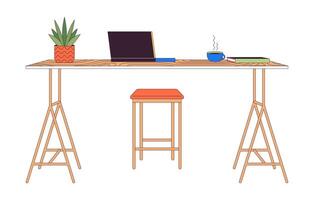 Laptop and coffee on counter table 2D linear cartoon objects. Comfortable place to work isolated line vector elements white background. Remote workplace furniture color flat spot illustration