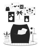 Chill out corner black and white line illustration. Comfortable beanbag chair with small table and pictures 2D lineart objects isolated. Home interior monochrome scene vector outline image