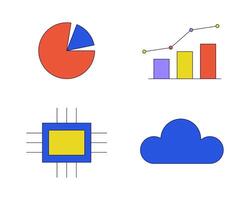 Chart graph technology 2D linear cartoon objects set. Micro chip, cloud server isolated line vector elements white background. Microchip, piechart, digital color flat spot illustration collection