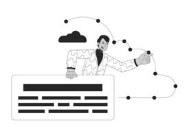 Male analyst cloud computing black and white 2D line cartoon character. Administrator indian man isolated vector outline person. Managing cloud infrastructure monochromatic flat spot illustration