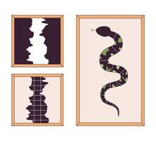 Decorative paintings in frames 2D linear cartoon objects set. Images of snake and abstract gaps isolated line vector elements white background. Interior design color flat spot illustration collection