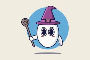 Cute cartoon egg mascot with witch hat and magic wand vector illustration design