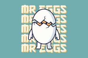 Cute cartoon egg character with broken eggshell text. Vector illustration