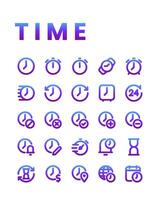 Time icon collections in gradient line style, including watch, hour, clock, alarm, timer, history, schedule and other. vector