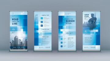 Business Roll Up Set. Standee Design. Banner Template, Abstract Blue Geometric Pixel vector