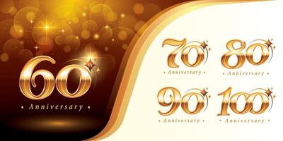 conjunto de 60 60 a 100 años aniversario logotipo diseño, sesenta a cien años celebrando aniversario logo, dorado elegante clásico logo con estrella, vector