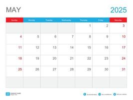 May 2025 template, Calendar 2025 design, Desk Calendar 2025 template, Planner simple, Week starts Sunday, Stationery, Wall calendar, printing, advertisement, vector illustration