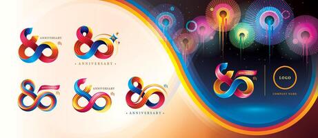 Set of 80th Anniversary Colorful logotype design, Eighty years celebration Logo. Abstract Twist Infinity multiple line Colorful vector