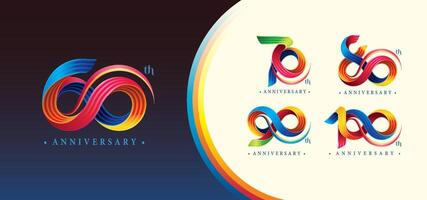 Set of 60 to 100 years Anniversary Colorful logotype design, 60, 70, 80, 90, 100 year, Abstract Twist Infinity Three line Colorful Curved. vector