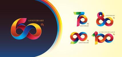 Set of 60 to 100 years Anniversary Colorful logotype design, 60, 70, 80, 90, 100 year, Abstract Twist Infinity multiple line Colorful. vector