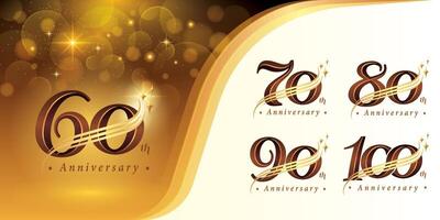 conjunto de 60 60 a 100 años aniversario logotipo diseño, sesenta a cien años celebrando aniversario logo, oro curvo líneas estrella elegante clásico logo, vector