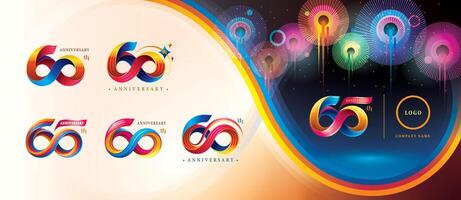 Set of 60th Anniversary Colorful logotype design, Sixty years celebration Logo. Abstract Twist Infinity multiple line Colorful vector